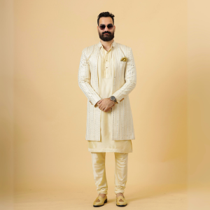 Alluring Cream Geometrical Thread Embroidered Open Sherwani with Lime Green Kurta-Pajama Set | Father Son Combo | Jaipurio Collection